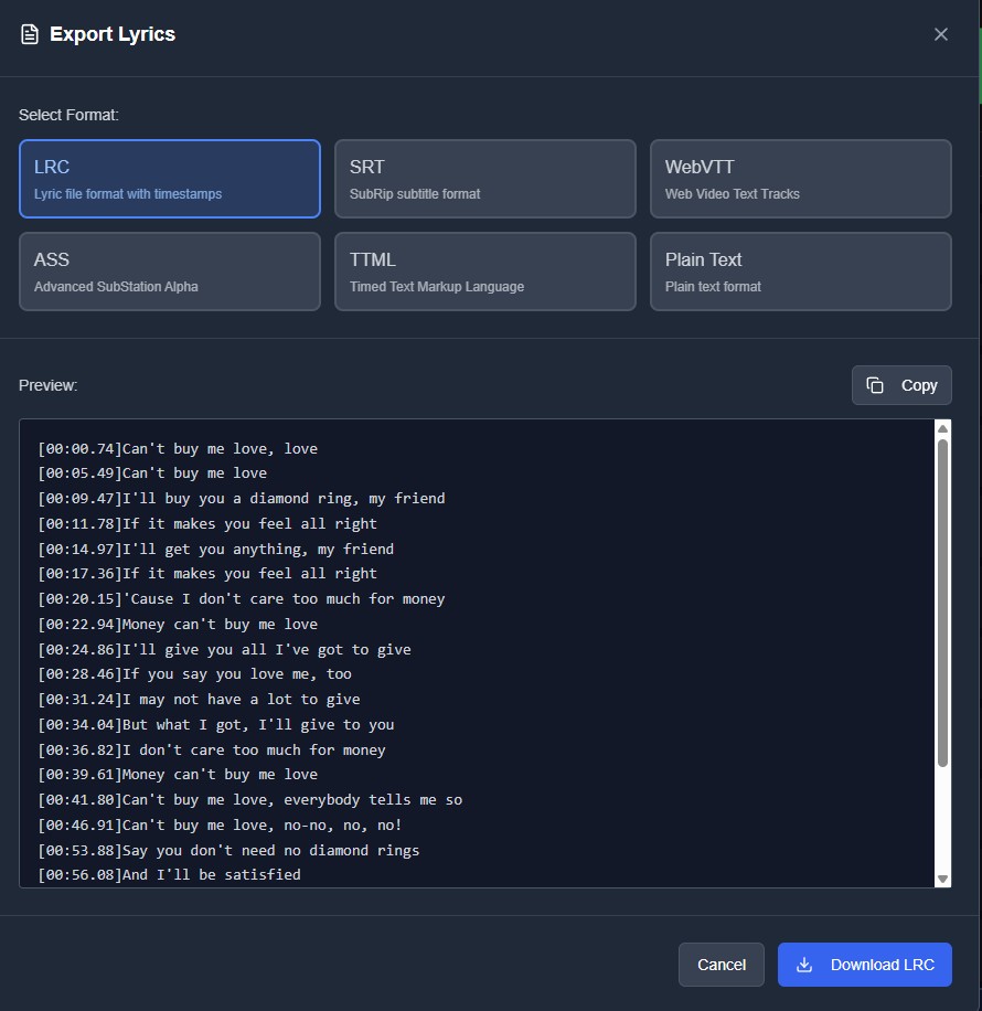 QuickLRC Extract Lyrics Export Format