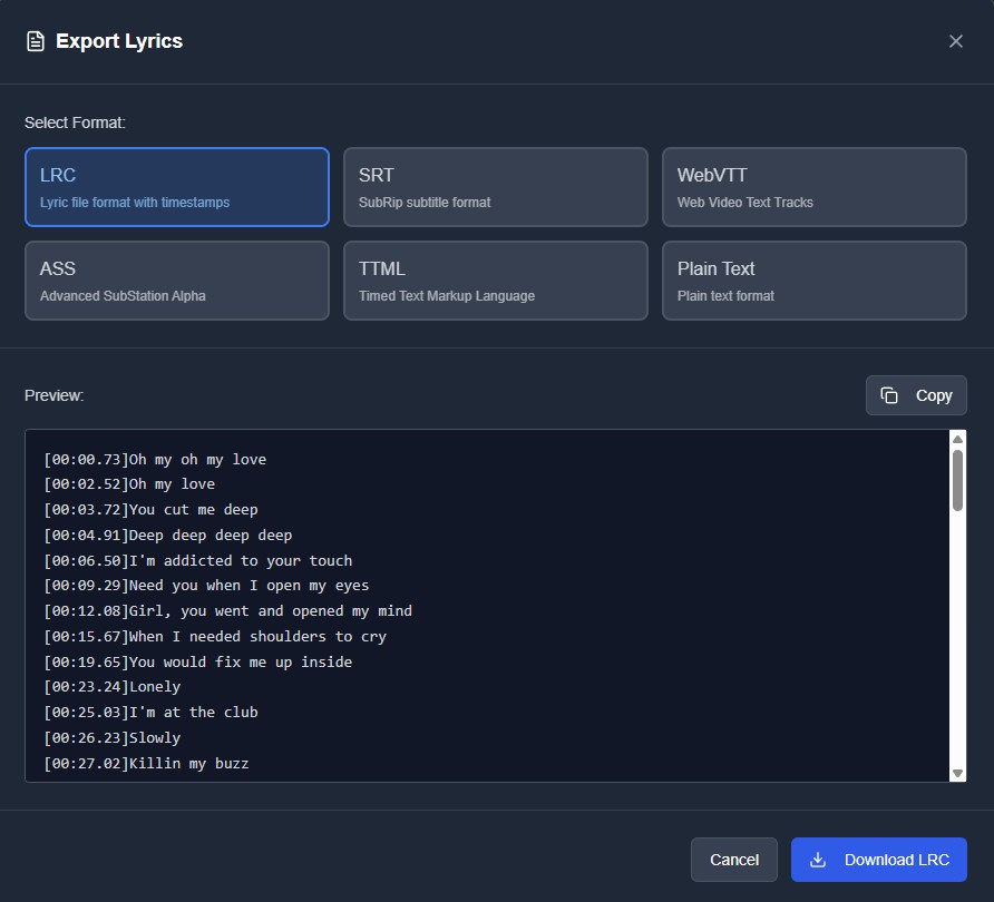 Export Synced Lyrics in Multiple Formats